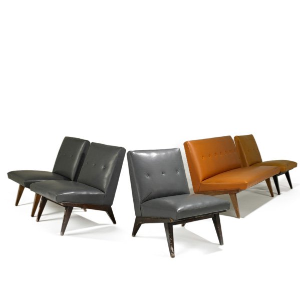 JENS RISOM; KNOLL ASSOCIATES: Settee and four lounge chairs, USA, 1950s; Leather and stained birch; Settee fabric label; Settee: 31" x 48" x 30", each chair: 30" x 23" x 30"