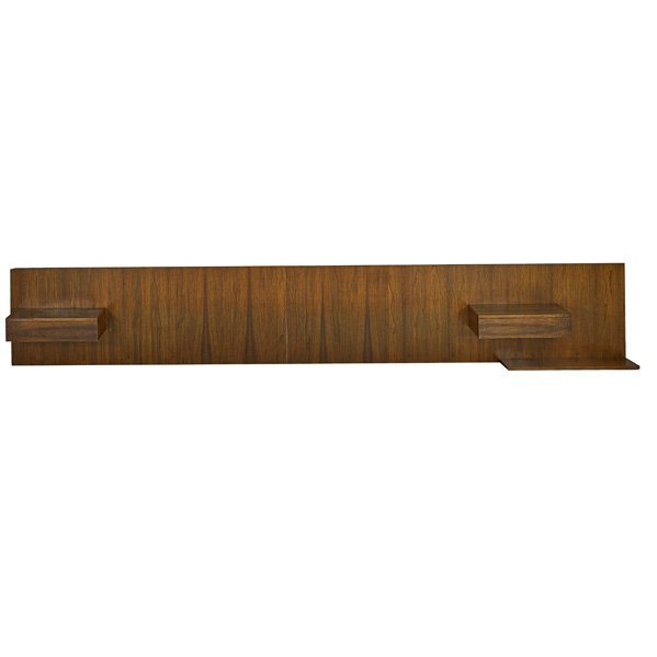 DANISH MODERN: Wall-hanging walnut king size headboard with integrated nightstands and shelf; Unmarked; 22 1/2" x 141" x 12 1/2"