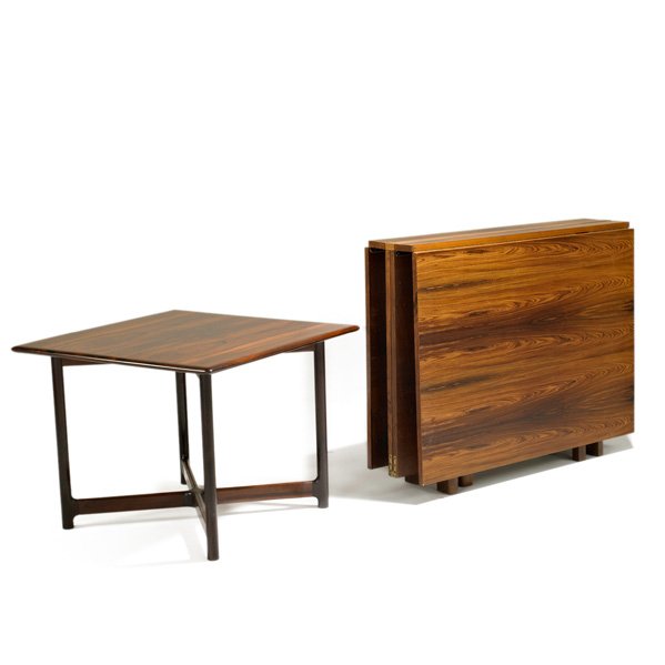 STYLE OF BRUNO MATHSSON: Rosewood dining table and sofa table, Denmark/ Norway, 1960s; Sofa table marked with Norway control label; Dining table as shown: 29 1/2" x 110" x 35 1/2", sofa table: 20" x 27" sq.