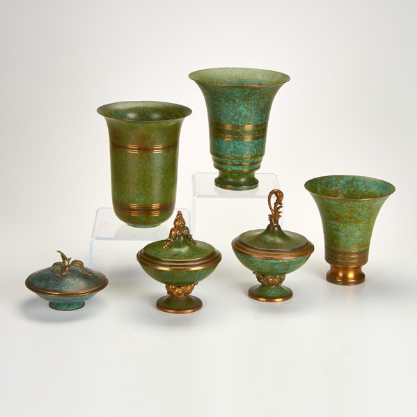 CARL SORENSEN: Five verdigris and polished brass vessels: three vases, two lidded compotes together with one in the style of Sorensen compote; All Sorensen marked; Largest: 8 3/8" x 6 5/8"