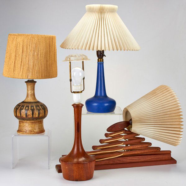 LE KLINT, ETC.: Four lamps: Le Klint blue pottery, Felle Helloroe ceramic with geometric design, turned wood and teak accordeon wall-mounted lamp; Two marked; Tallest: 20"