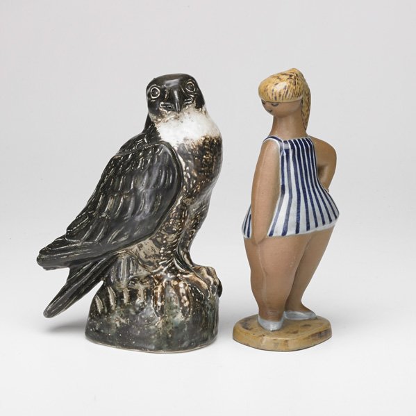 KNUD KYHN, LISA LARSEN: Royal Copenhagen Falcon by Khyne marked R.C., Denmark and Gustavsberg “Dora” figure by Larsen, stamped Sweden; Each: 10 1/2"