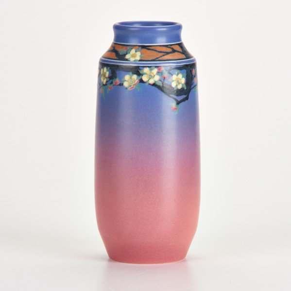ET. HURLEY; ROOKWOOD: Vellum vase with cherry blossom, 1921; Initialed ETH and flame marked; 8"