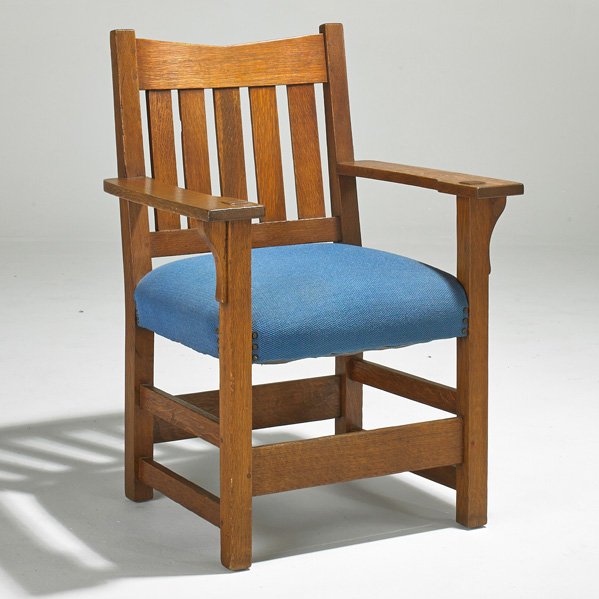 GUSTAV STICKLEY: V-back armchair, USA, ca. 1915; Quartersawn oak and tacked on upholstery; Unmarked; 36" x 26" x 21 1/2"