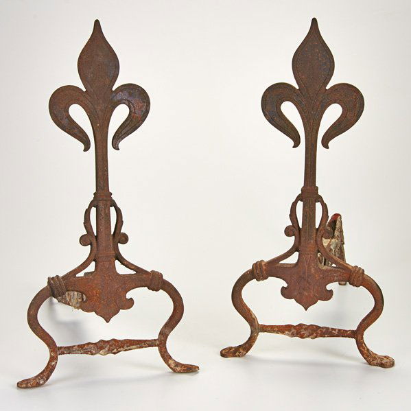 BYRDCLIFFE (Attr.): Pair of wrought-iron andirons with fleur-de-lys motif over scroll decorated supports on cabriole legs, ca. 1900; Unmarked; 18 1/8" x 9 1/2" x 17"