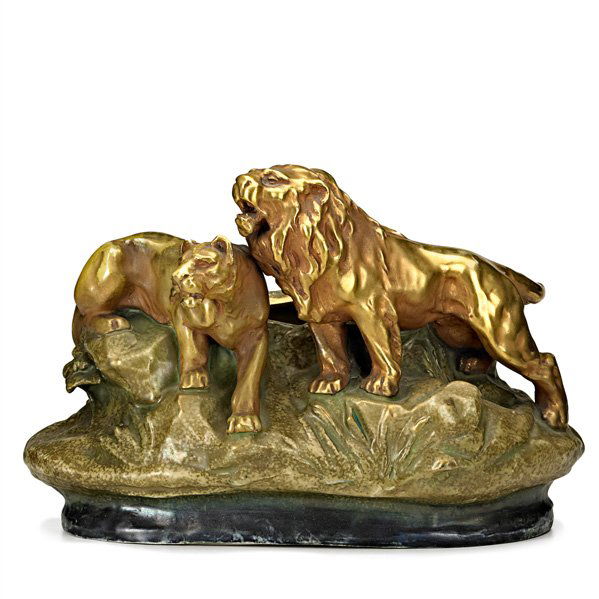 RIESSNER, STELLMACHER & KESSEL: Amphora sculptural bowl with lion and lioness,Turn-Teplitz, Bohemia, ca. 1910; Stamped Imperial Amphora medallion, crown, Amphora, Austria, F 826047; 10 1/4" x 15"