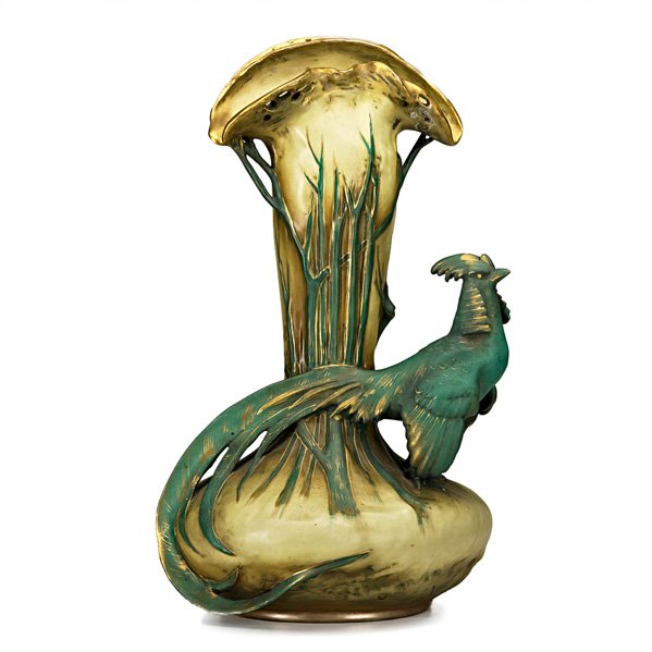 RIESSNER, STELLMACHER & KESSEL: Tall Amphora vase with pheasant, Turn-Teplitz, Bohemia, ca. 1901; Stamped Amphora with heart, 4273; 15 1/2" x 10"