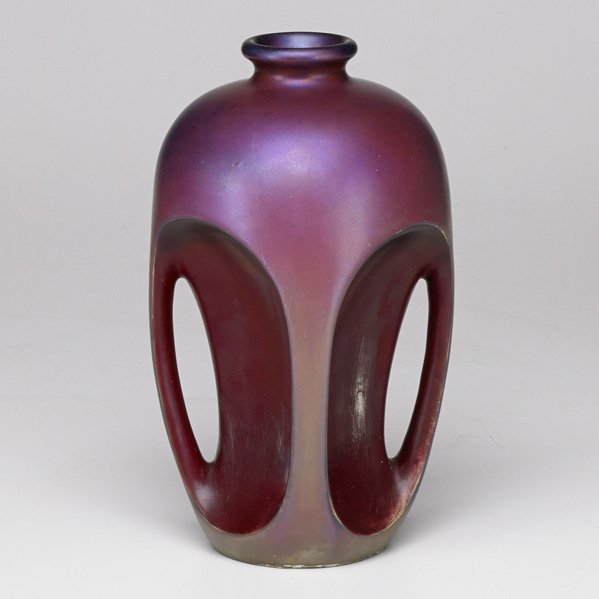ZSOLNAY; PECS: Vase with four curved buttress arms, early 20th c.; Marked; 10 1/4" x 5 1/2"