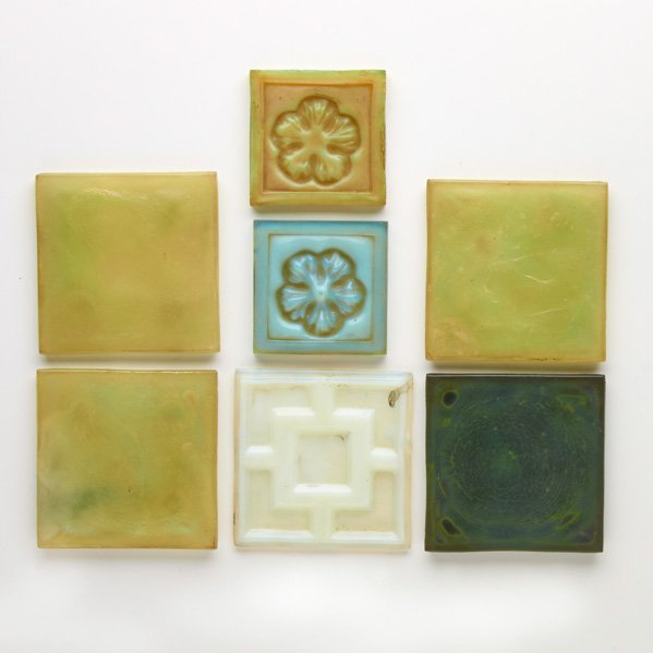 TIFFANY STUDIOS: Seven assorted Favrile glass tiles; Unmarked; Five: 4" sq., two- 3" sq.