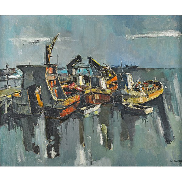 WILLY MARCHAND (South American?, 1912-1989): Oil on canvas of boats; "Puerta," 1965 (framed); Signed and dated; 32 3/8" x 38 1/8"