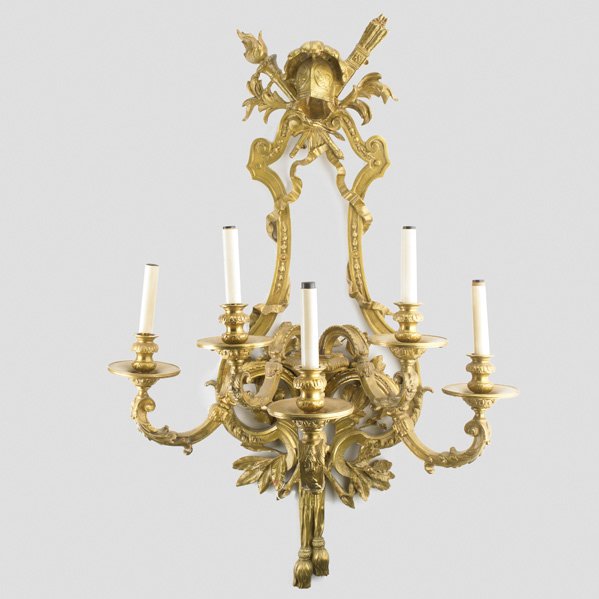FRENCH LIGHTING: 5-arm bronze sconce with foliate design and torch and scepter motifs, electrified, 20th c.; 36 1/2" x 24" x 13 3/4"