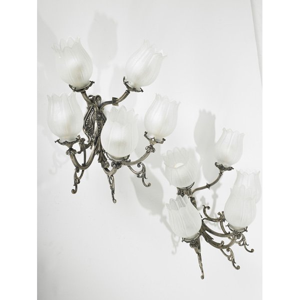 TRADITIONAL LIGHTING: Pair four-arm silver gilt metal sconces with frosted glass shades, electrified, 20th c. ; 17" x 13" x 14 1/2"