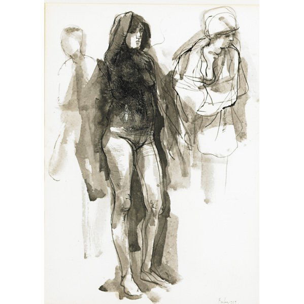 WILLIAM H. BAILEY (American, b. 1930): Ink wash on paper of nude study with cloaked figure to right, 1959; (framed); Signed and dated; 14 1/4" x 10 1/4" (sight)