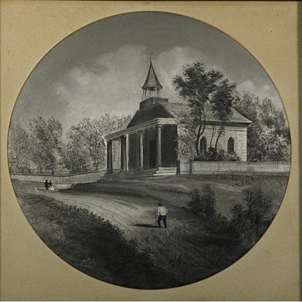 DRAWING, LATE 19th C.: Charcoal and chalk on paper of Waldwick Church (framed); Unsigned; Dia: 20 1/2"