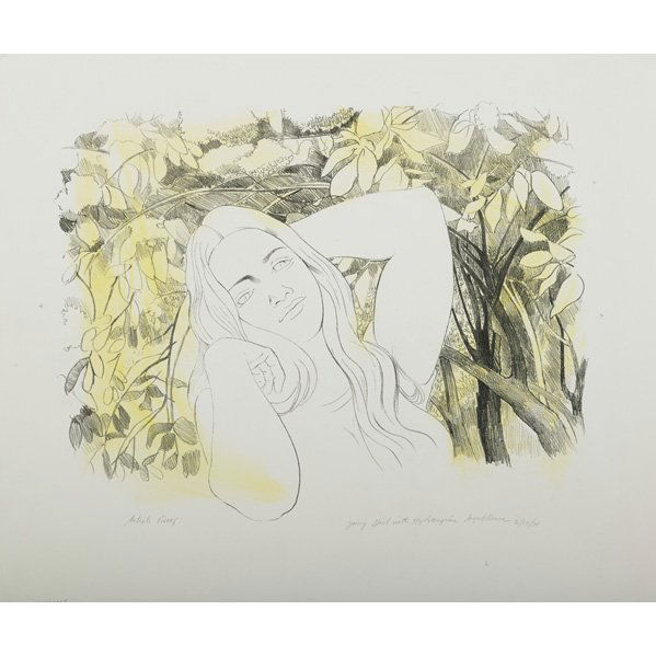 AUGUST MOSCA, ETC. (Italian/American, 1909-2002): Lithograph in colors, "Young Girl with Hydrangeas," 1971, signed, titled, dated and numbered A/P; Lithograph in colors of mother and child with pencil and ink added, signed; Along with pen and ink por