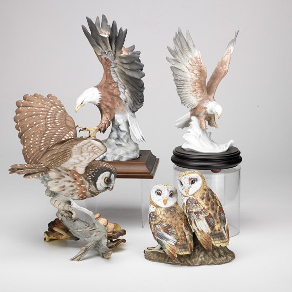 BOEHM; MOTTAHEDEH; ETC.: Four birds, porcelain, 20th c. : Boehm Boreal owl, Mottahedeh owls and two Kaiser eagles: Boehm owl: 13" x 13" x 10 1/2"