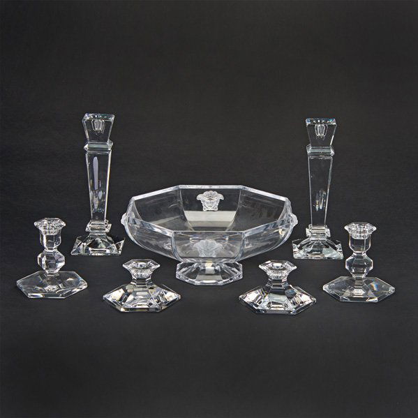 VAL ST. LAMBERT; ROSENTHAL; ETC.: Seven glass or crystal pieces, 20th c. including Rosenthal for Versace Medusa footed bowl, two pairs Val St. Lambert candlesticks, etc.; Most marked; Tallest: 10 1/4"