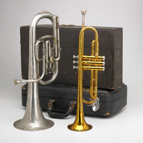 MUSICAL INSTRUMENTS: Two, 19th/20th c. : King Instrument Co. trumpet; John F. Stratton baritone horn, New York; Larger: 21 1/2" x 10 1/4"