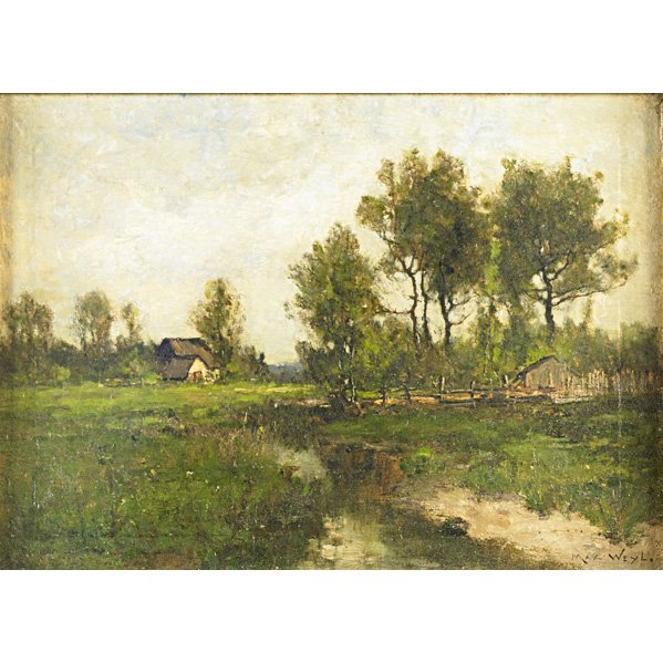 MAX WEYL (American, 1837-1914): Oil on board landscape (framed); Signed; 15 1/2" x 21" Artist: Weyl, Max