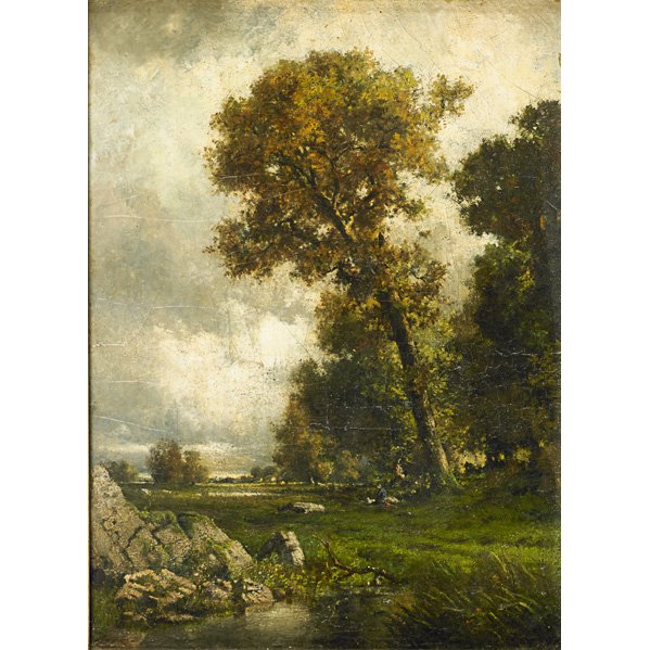 ROBERT CRANNELL MINOR (American, 1839-1904): Oil on canvas landscape with figure under tree (framed); Signed; 29 1/4" x 21 1/2" Artist: Minor, Robert Crannell