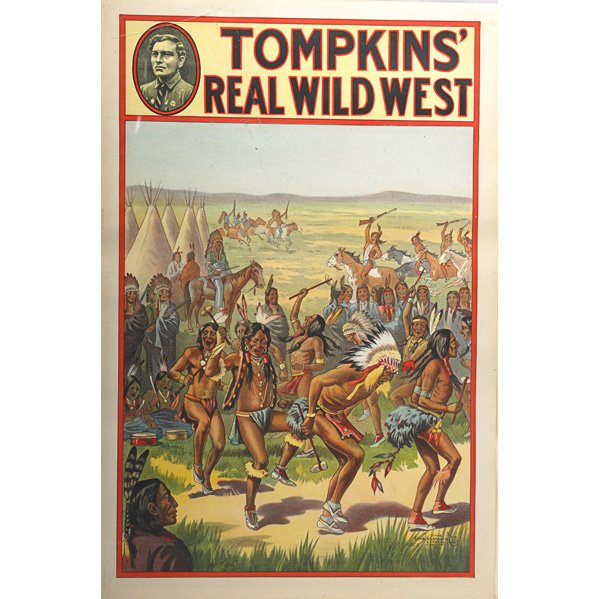 TOMPKINS REAL WILD WEST POSTERS: Four by the Donaldson Lithograph Company, ca. 1914: Native American chief, Native American powwow, log cabin shoot out and stagecoach shoot out; All: 20" x 30"