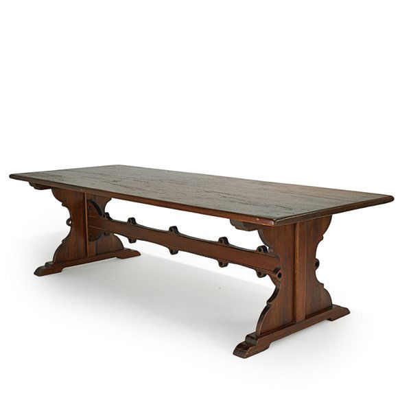 EASTLAKE STYLE DINING TABLE: Walnut, trestle base, 20th c.; 31” x 110” x 41 1/2"