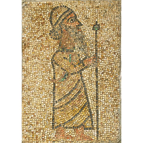 BYZANTINE STYLE MOSAIC PANEL: Depicting a man with a staff, likely Assyrian; 33 1/2” x 23 1/2”; Provenance: Estate of Professor Walter Kaufmann, Princeton, NJ; Purchased from Hadji Baba Museum, Jerusalem, 1977