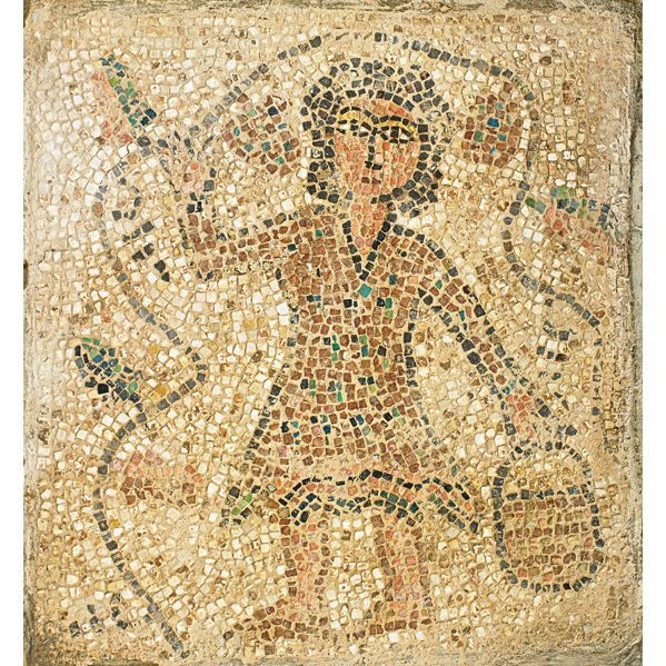 BYZANTINE STYLE MOSAIC PANEL: Depicting a woman with bucket, likely Assyrian; 28”x 25 1/2”; Provenance: Estate of Professor Walter Kaufmann, Princeton, NJ; Purchased from Hadji Baba Museum, Jerusalem, 1977