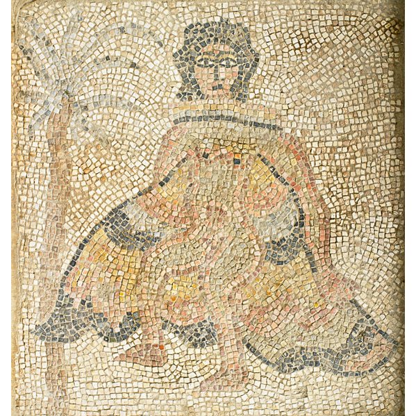 BYZANTINE STYLE MOSAIC PANEL: Depicting a woman with raised dress, likely Assyrian; 31 1/2” x 29”; Provenance: Estate of Professor Walter Kaufmann, Princeton, NJ; Purchased from Hadji Baba Museum, Jerusalem, 1980