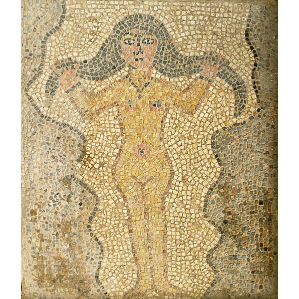 BYZANTINE STYLE MOSAIC PANEL: Depicting a nude woman, likely Assyrian; 33 3/4” x 28 1/4”; Provenance: Estate of Professor Walter Kaufmann, Princeton, NJ; Purchased from Hadji Baba Museum, Jerusalem, 1980