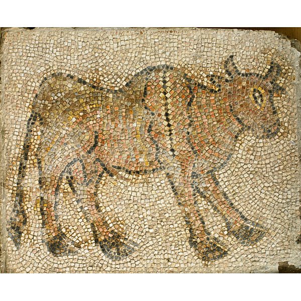 BYZANTINE STYLE MOSAIC PANEL: Depicting a bull, likely Assyrian; 32” x 37”; Provenance: Estate of Professor Walter Kaufmann, Princeton, NJ; Purchased from Hadji Baba Museum, Jerusalem, 1977