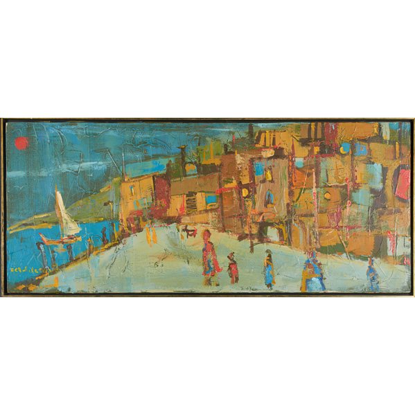 ALVIN C. HOLLINGSWORTH (American, 1928-2000): Oil on canvas abstract with figures in a landscape (framed); Signed; 20" x 48" Artist: Hollingsworth, Alvin C.