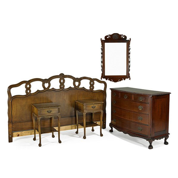 FELDENKREIS BEDROOM SET: Four piece set in mahogany, 20th c.: two nightstands, dresser and mirror; Together with king size headboard; Dresser: 37 x 47” x 21”