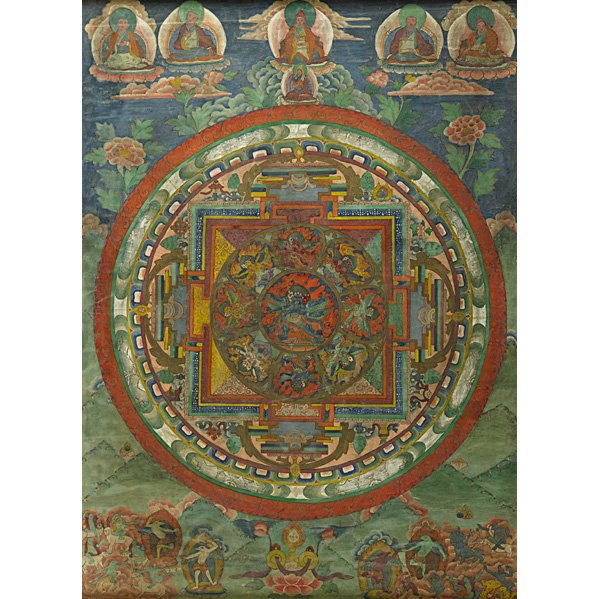 TIBETAN THANGKA PAINTING ON PAPER: Buddhist deities surrounding a circular central medallion, 19th c. (framed).; 27" x 20" (sight)