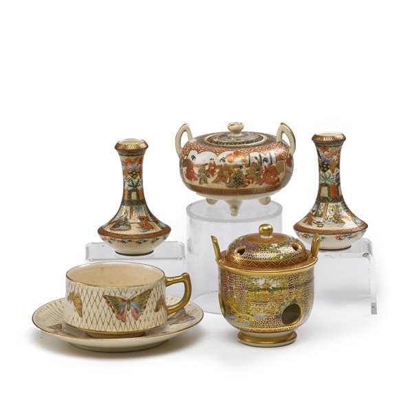 JAPANESE SATSUMA: Five items, early 20th c.: pair of miniature vases, two incense holders and cup and saucer; All signed; Tallest: 3 5/8"