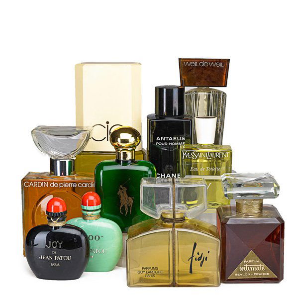 PERFUME BOTTLE DISPLAYS: Ten include Chanel, Ralph Lauren, Yves Saint Laurent, Guy Laroche, Pierre Cardin, etc., 20th c.; Tallest: 14"