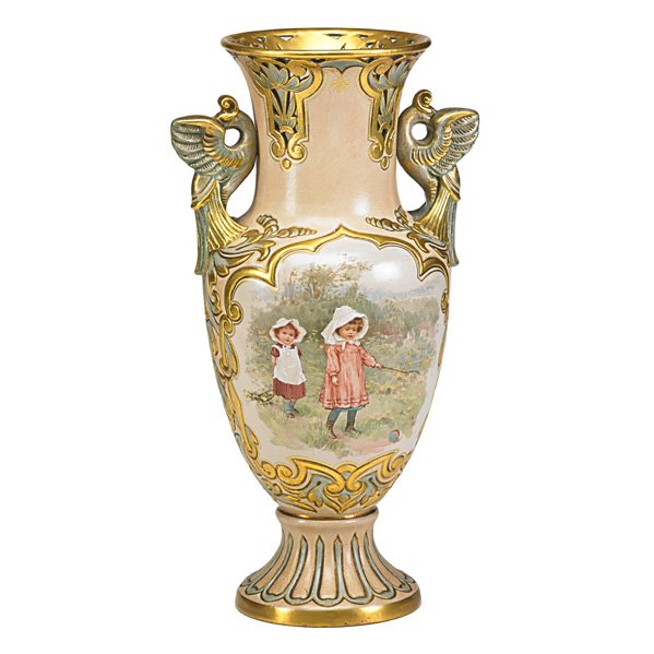 DOULTON LAMBETH CARRARA WARE VASE: Two panels depicting children playing, late19th/early 20th c.; Stamped AD / JD for Ada Dennis and Josephine Durtnall, marked England; 13"