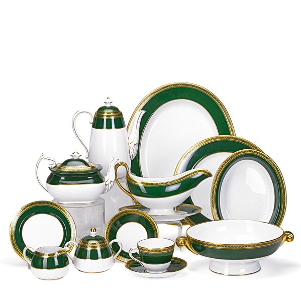 SPODE PORCELAIN LUNCHEON SERVICE: Sixty-five pieces for eight in a classical pattern includes teapot, coffee pot, teacups and saucers, 9 3/8" plates, 7 3/4" plates, 6" plates, 7 3/4" bowls, 5" bowls, etc.; All marked; Tallest: 7 1/2"