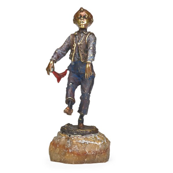 CARL KAUBA (Austrian, 1865-1922): Cold-painted bronze of a boy dancing, marble base, early 20th c.; 5" Artist: Kauba, Carl