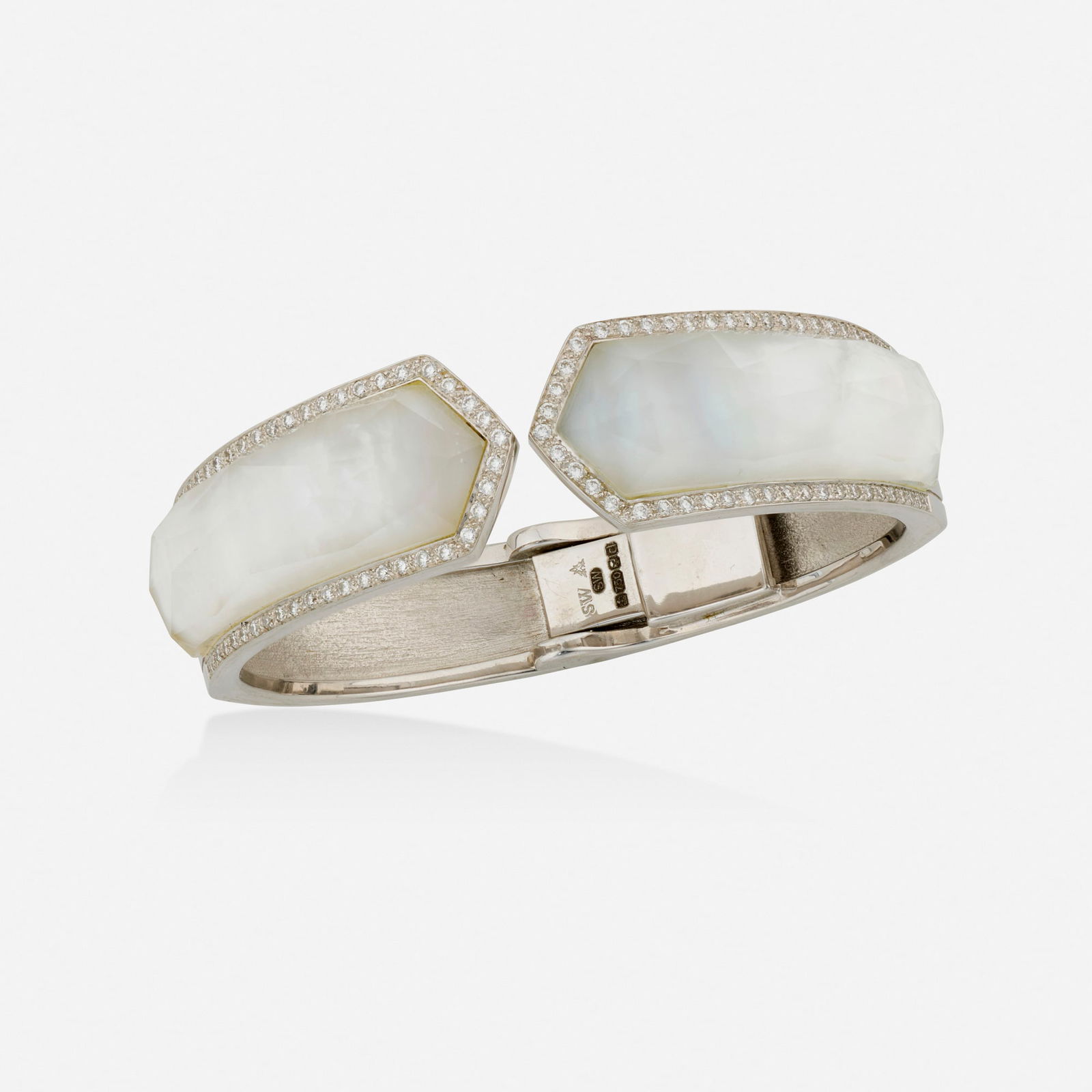 Stephen Webster, 'Crystal Haze' mother-of-pearl, diamond, and white gold cuff bracelet: Stephen Webster 'Crystal Haze' mother-of-pearl, diamond, and white gold cuff bracelet Designed with two mother-of-pearl and quartz doublets, framed by round brilliant-cut diamonds; 2003 18k white gold