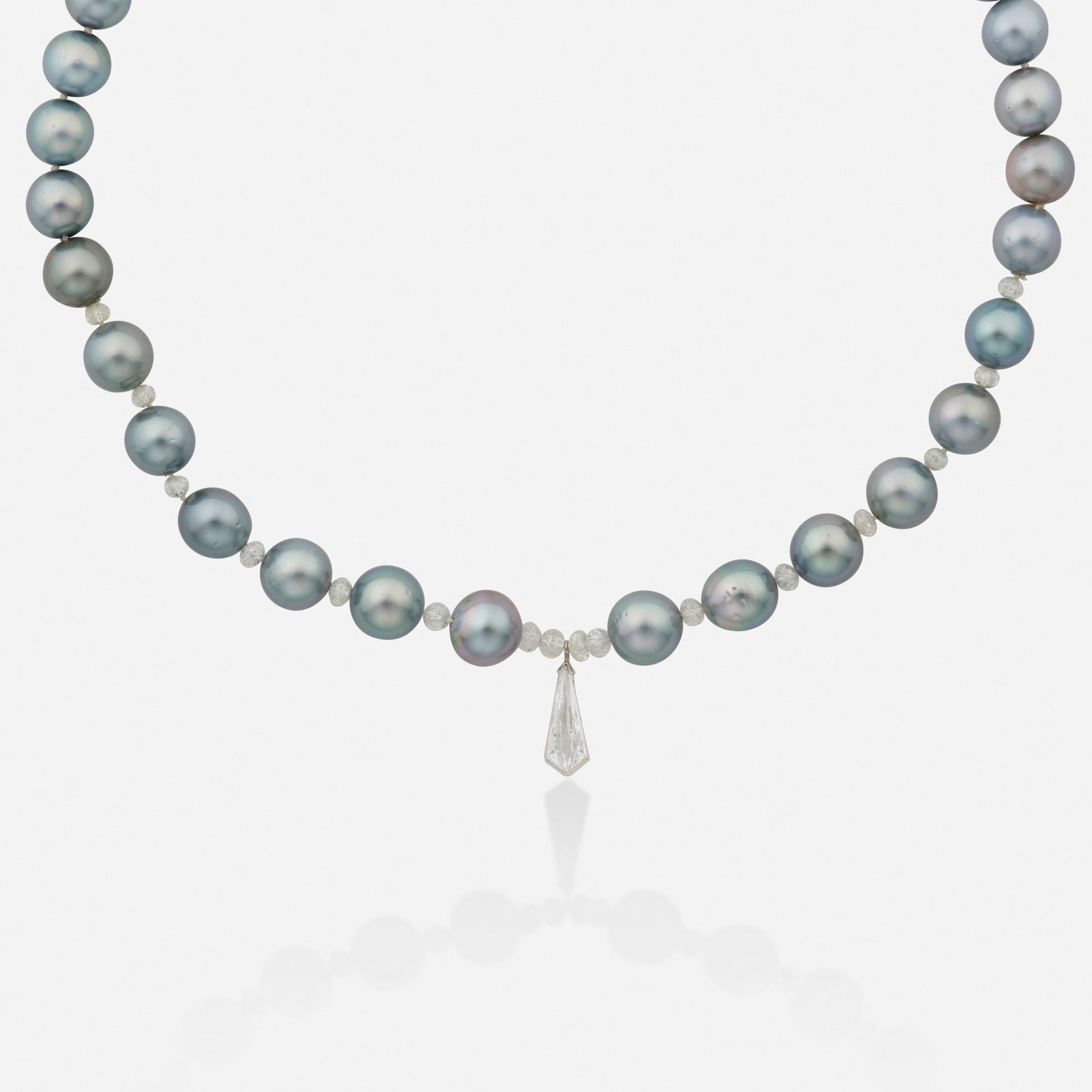 Cultured pearl and diamond necklace: Cultured pearl and diamond necklace Strung with alternating grey cultured pearls and briolette-cut diamond beads, centered on a pendant set with a kite-shaped diamond, the clasp pave-set with round br