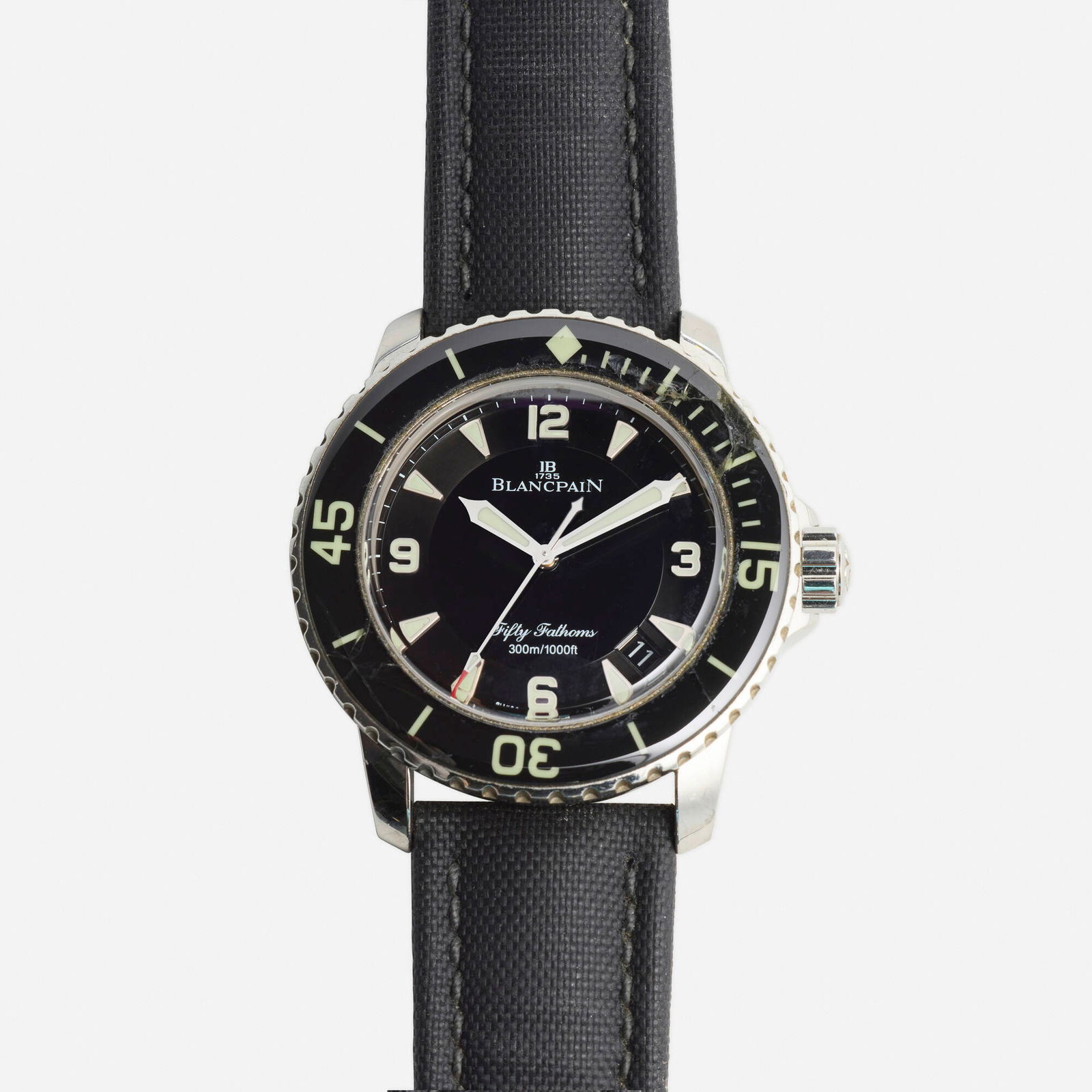 Blancpain, 'Fifty Fathoms' stainless steel wristwatch, Ref. 5015 113052 A: Blancpain 'Fifty Fathoms' stainless steel wristwatch, Ref. 5015 113052 A With Arabic and baton hours and date function Dial: Black Movement: Automatic Case material: Stainless steel