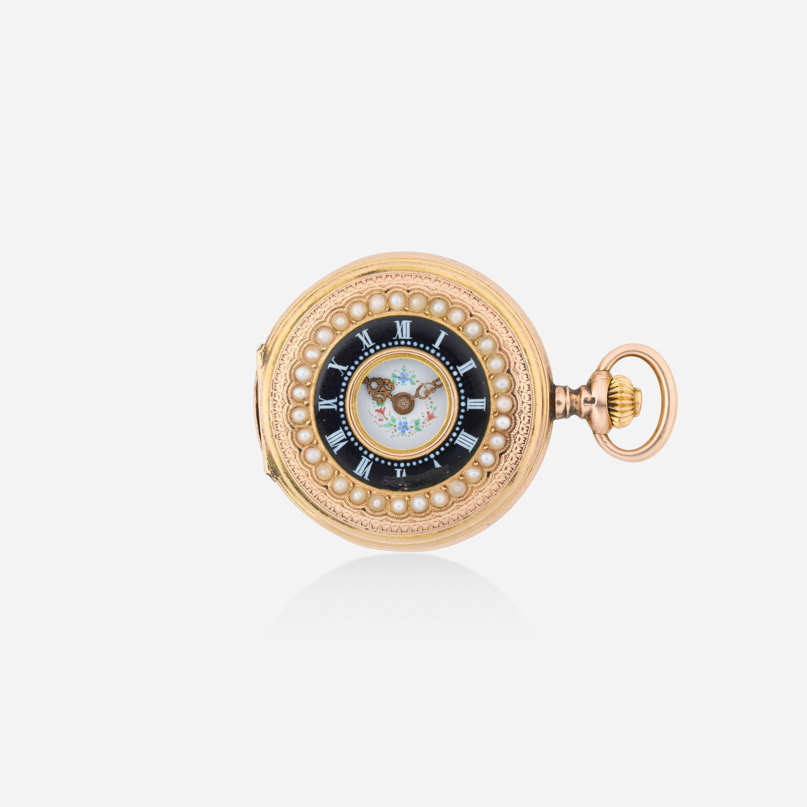 Cresarrow Watch Co., Gold, seed pearl, and enamel pocket watch: Cresarrow Watch Co. Gold, seed pearl, and enamel pocket watch With Arabic hours, the case decorated with seed pearls and enamel Dial: White Movement: Manual wind Case material: 14k yel