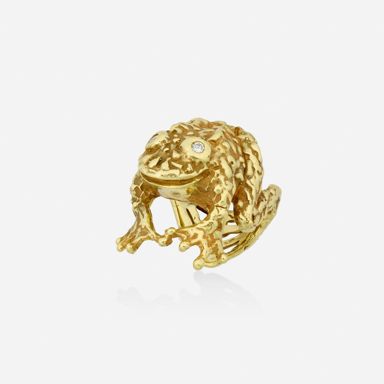 Erwin Pearl, Diamond and gold ring: Erwin Pearl Diamond and gold ring Designed as a leaping frog with round brilliant-cut diamond eyes 18k yellow gold Signed E.Pearl Ring size 5; Gross weight 13.6 dwts This wor