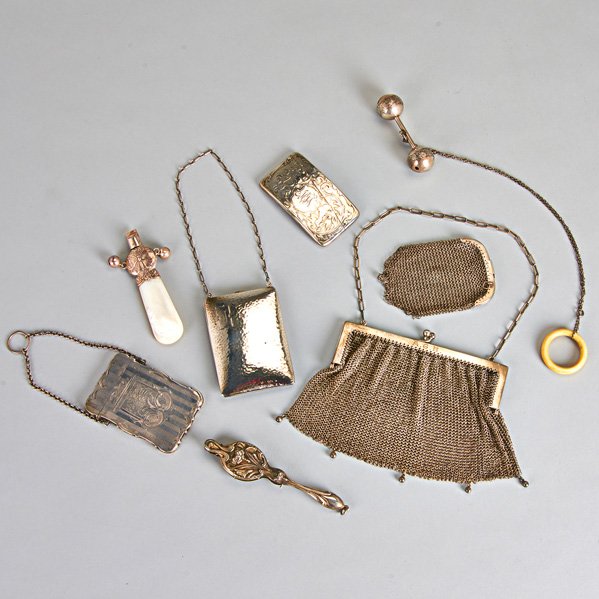 AMERICAN AND FOREIGN SILVER ACCESSORIES: Eight pieces, 19th and 20th c.: Unger Bros. mesh evening bag with shot fringe; Portuguese double mesh purse; Watson necessary; Card case with incised decoration, unmarked; Blackington curved card case