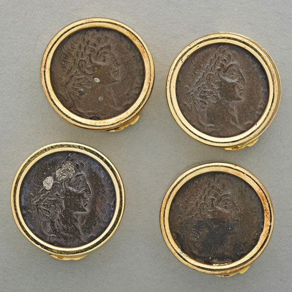FOUR GOLD BUTTON COVERS: Four 14k gold button covers with replica ancient Greek coins; 14.2 dwt. GW, 1/2" diameter, 1/4" thick