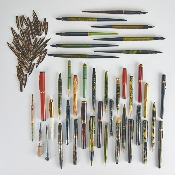SHEAFFER, WATERMAN, PARKER, ETC. PENS AND PENCILS: Thirty-nine pieces, 19th-20th c.: fountain pens, mechanical pencils, etc.; Most marked; Longest: 7 1/2"