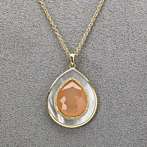 IPPOLITA 18K GOLD DIAMOND "ONDINE" NECKLACE: Rose cut peach moonstone teardrop framed by diamonds and oyster shell; 5.3 dwt., 1 1/8", 18" chain