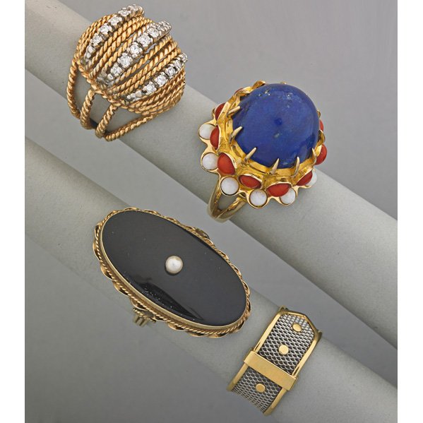FOUR GOLD OR PLATINUM RINGS, 20th C.: Platinum mesh and 18k yg. "belt" ring, Italy, size 7; 14k yg. filigree bombe with approx. .40 ct. TW single cut diamond and wg. accents, size 4 1/2; Large lapis cabochon, coral and opal cluster 14k yg