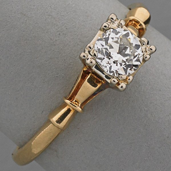 DIAMOND SOLITAIRE 14K GOLD RING, ca. 1940: Bright OEC diamond, approx. .50 ct. in square wg. on yg. hoop; 1.5 dwt., size 9